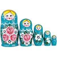 Muñecas Rusas- 5 Matrioskas de Estilo Biryuzovaya | Muñeca Babushka de Madera- Diseño Turquesa con Flores Rosas- Hecha a…